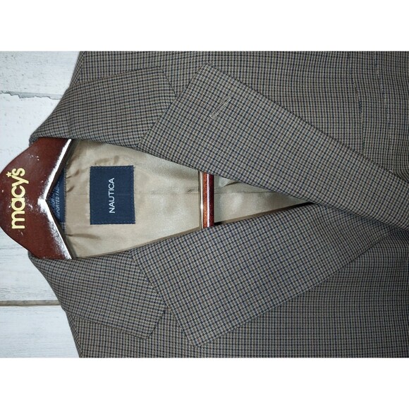Nautica 42L USA Tan Navy Houndstooth Stripe Wool Soft Tweed 2 Button Blazer - Picture 4 of 8